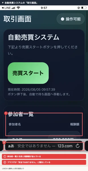LINEから遷移した「取引画面」。自動売買システムという見出しと売買スタートボタン、参加者一覧の表が表示されている