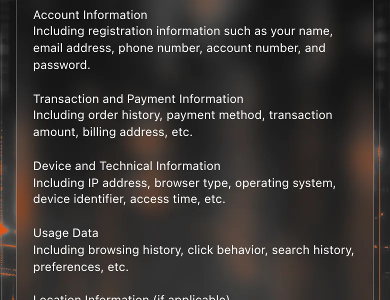 ATRの規約に記載された、収集する情報の一覧。「Account Information(氏名、メールアドレス、電話番号、アカウント番号、パスワード)」「Transaction and Payment Information(注文履歴、支払い方法、取引金額、請求先住所)」「Device and Technical Information」「Usage Data」などが並ぶ