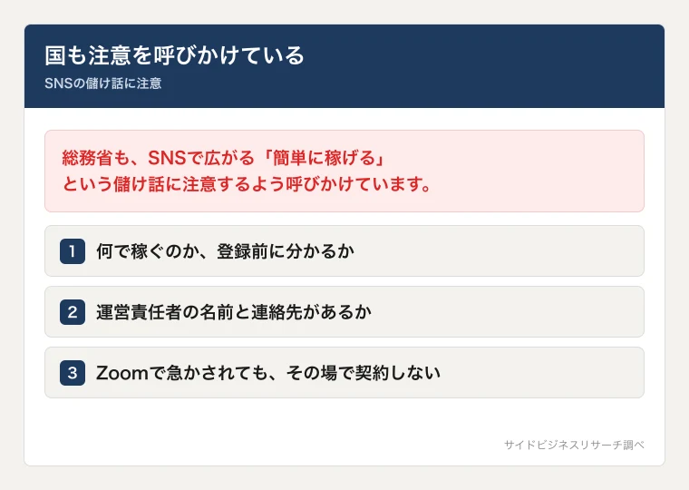 総務省がSNSの儲け話に注意を呼びかけており、登録前に確認すべきポイントを示した図