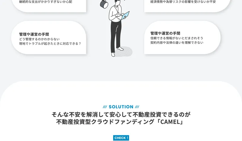 CAMELの紹介動画セクション。不動産投資型クラウドファンディングの解説をしている