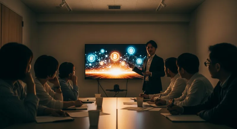 会議室のような場所で、スクリーンに仮想通貨やブロックチェーンのイメージを映しながら、プレゼンターが数人の参加者に投資を説明している勧誘セミナーの様子