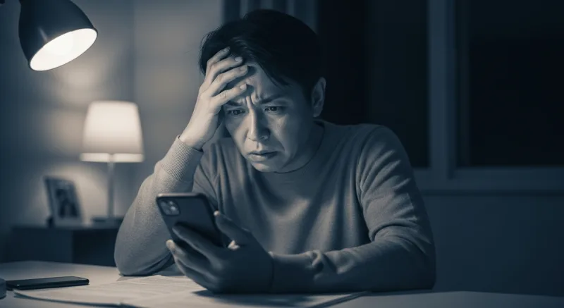 夜、自宅の机でスマートフォンを手に、仮想通貨アプリからお金を引き出せずに困った表情を浮かべる人