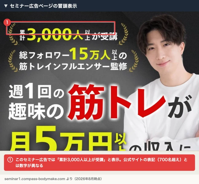 セミナーの募集ページに表示された「累計3,000人以上が受講」という数字。公式サイトの受講者数（700名超え）とは大きく異なる