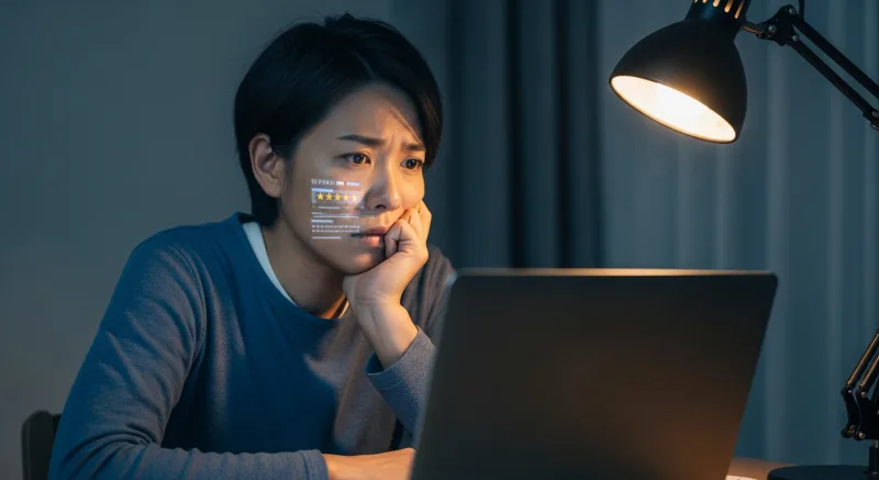 不安そうに口コミを調べる人のイメージ