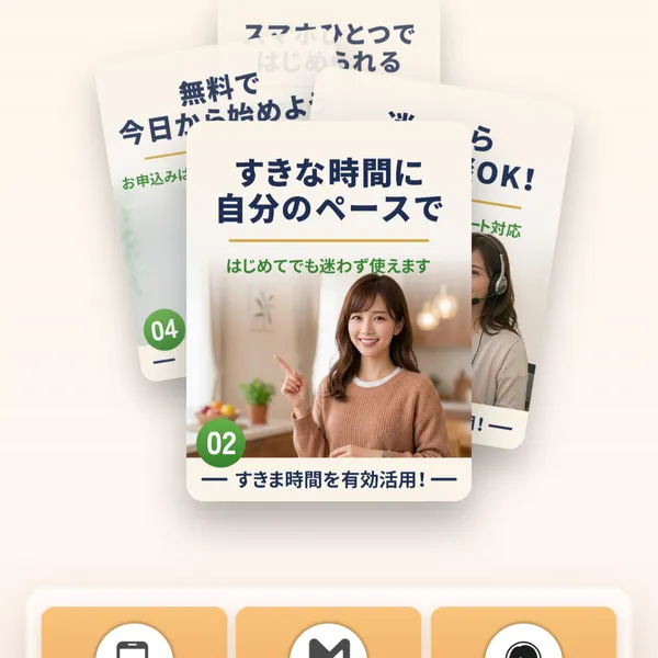 在宅ワークスターターキットの広告ページ。「すきな時間に自分のペースで」「はじめてでも迷わず使えます」と女性の画像が表示されている