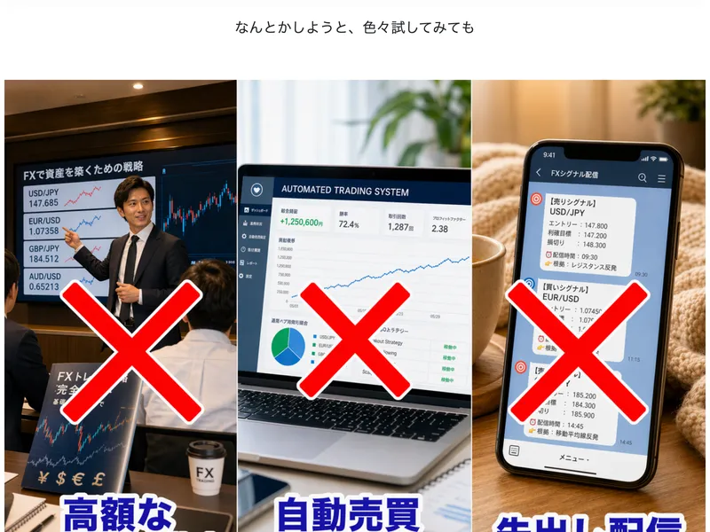 ドルねこの広告。高額な講座やツールではダメだと否定している