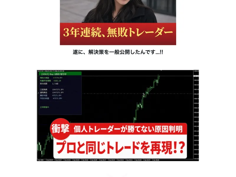 ドルねこの広告。プロと同じトレードを再現すると謳うEAの取引画面