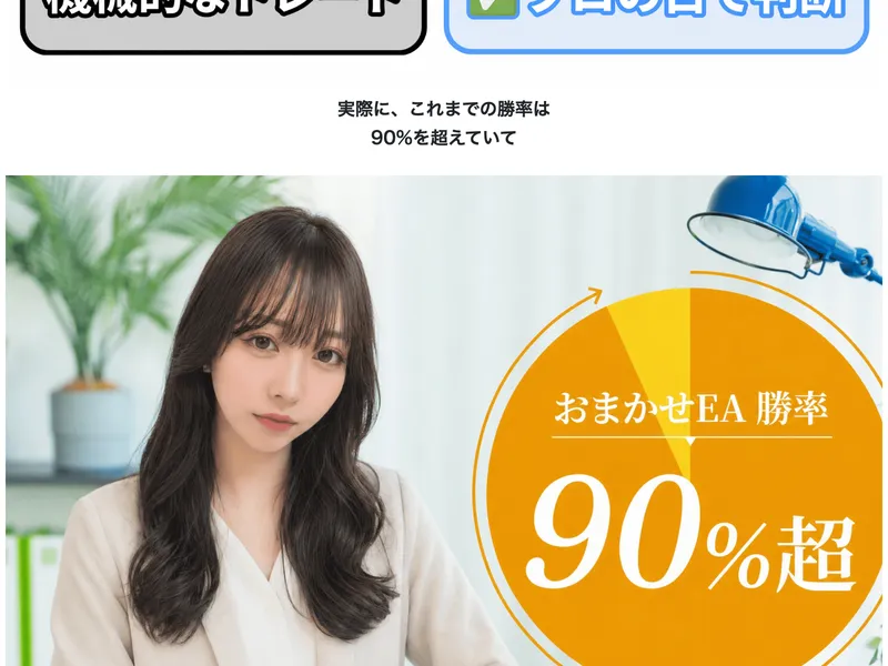 ドルねこの広告。おまかせEA勝率90%超と表示されている