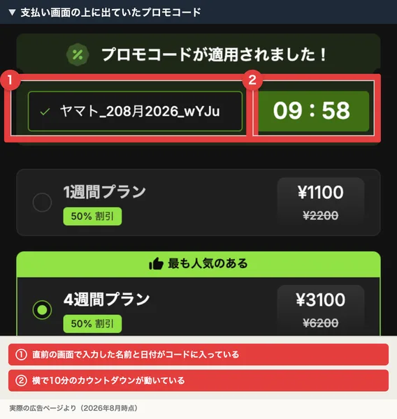 プロモコードが適用されましたという見出しの下に、ヤマト_208月2026_wYJuというコードと、9分58秒と表示されたカウントダウンが並んでいる