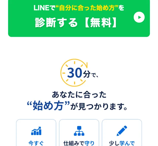 LINEで自分に合った始め方を診断すると案内する緑のボタンと、今すぐ始められる・仕組みで守りながら始める・少し学んでから始めるの3タイプ