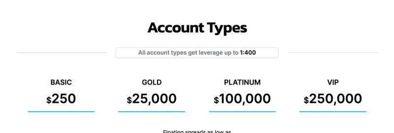 FxVergeの口座タイプのページ。BASIC 250ドル、GOLD 25,000ドル、PLATINUM 100,000ドル、VIP 250,000ドルの4段階と、すべての口座で最大400倍のレバレッジが使えると表示されている