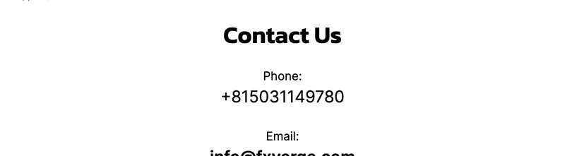 FxVergeのお問い合わせページ。Phoneとして+815031149780という番号と、メールアドレスが表示されている