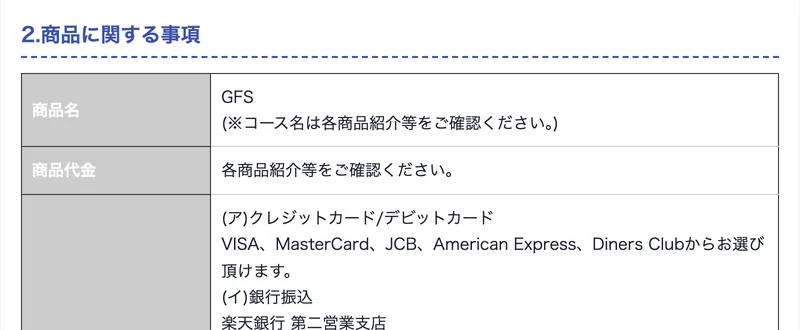 GFSの特定商取引法に基づく表示ページ。「2.商品に関する事項」の商品名欄に「GFS(※コース名は各商品紹介等をご確認ください)」と記載されている