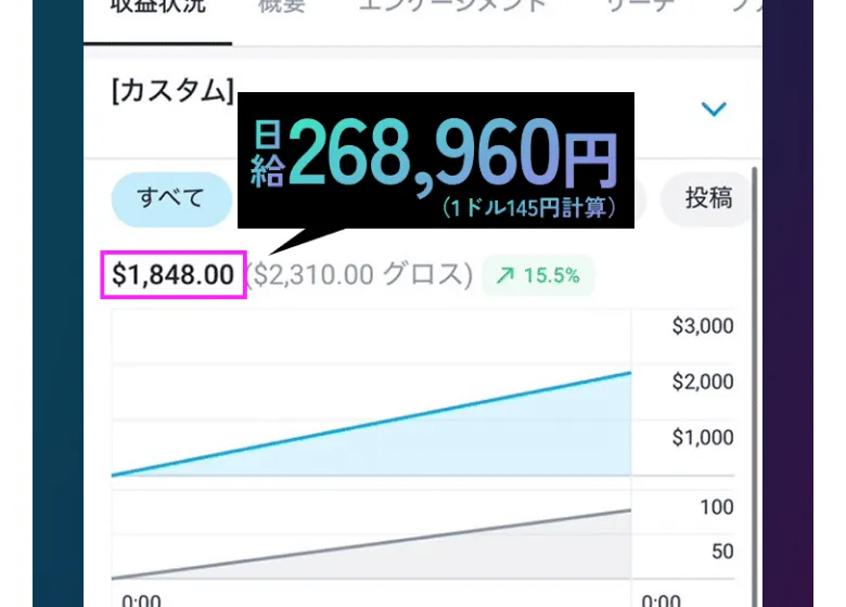 収益状況の統計画面。日給23万2000円などの数字がグラフとともに表示されている広告画像