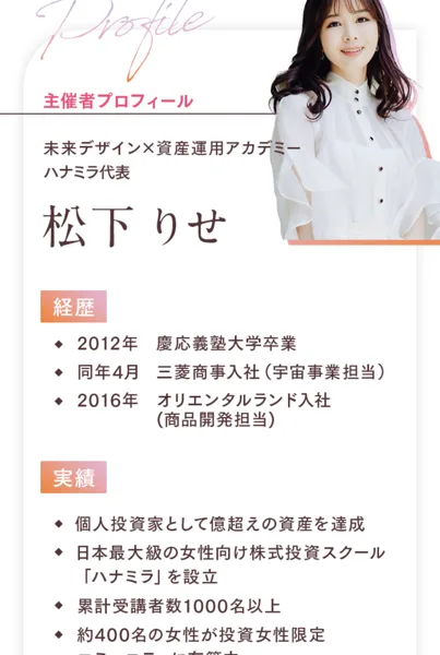 ハナミラ代表の松下りせのプロフィールとして慶應義塾大学卒業や三菱商事入社などの経歴と億超えの資産達成という実績が並ぶ広告画面