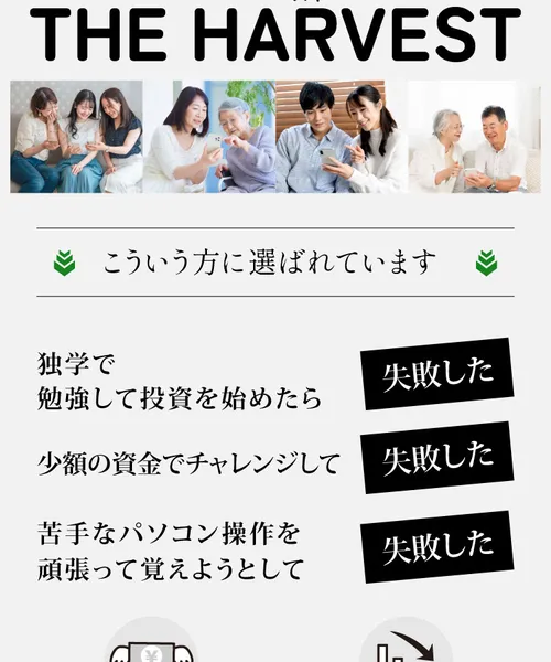 THE HARVESTの広告ページ。「こういう方に選ばれています」として投資で失敗した人の例が列挙されている