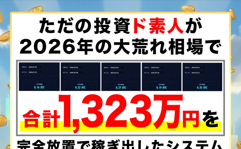 「投資ド素人が大荒れ相場で合計1,323万円を完全放置で稼いだ」と謳うIREGUI PROJECTの広告ページ