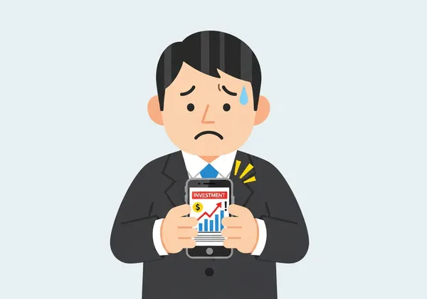 スーツの日本人男性がスマホで怪しい投資広告を見て困惑しているイラスト