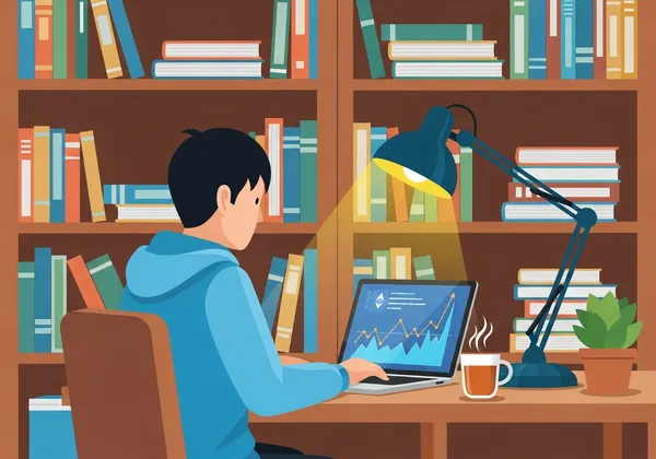 書斎でパソコンの前に座る日本人男性のイラスト。背景に本棚と仮想通貨のチャートが表示されたモニター