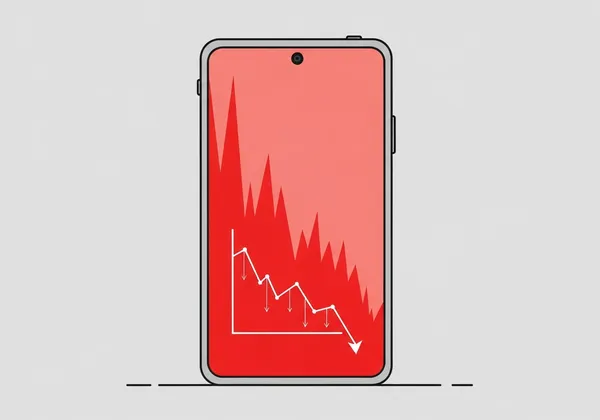 スマホの画面に仮想通貨のチャートが暴落しているグラフが表示されているイラスト