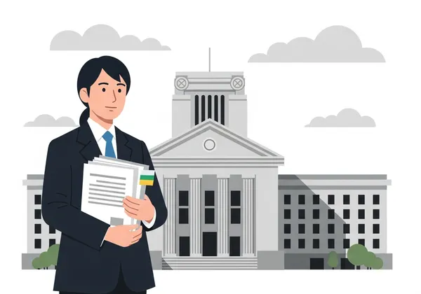 裁判所のような建物の前で書類を持つ日本人のイラスト