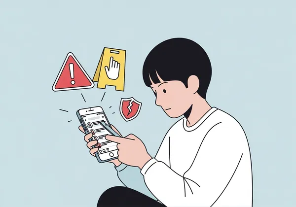 スマホを持ちながら怪しいSNS広告を見ている日本人のイラスト