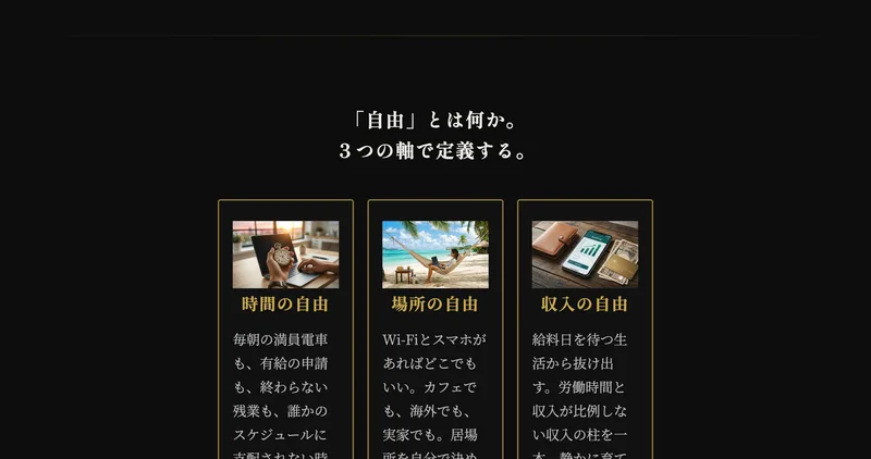 JIN式FXは自由とは何かを時間の自由場所の自由収入の自由という3つの軸で定義して見せている