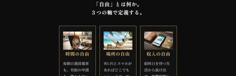 JIN式FXは時間の自由場所の自由収入の自由という3つを並べカフェや海外で過ごす理想の暮らしのイメージを見せている