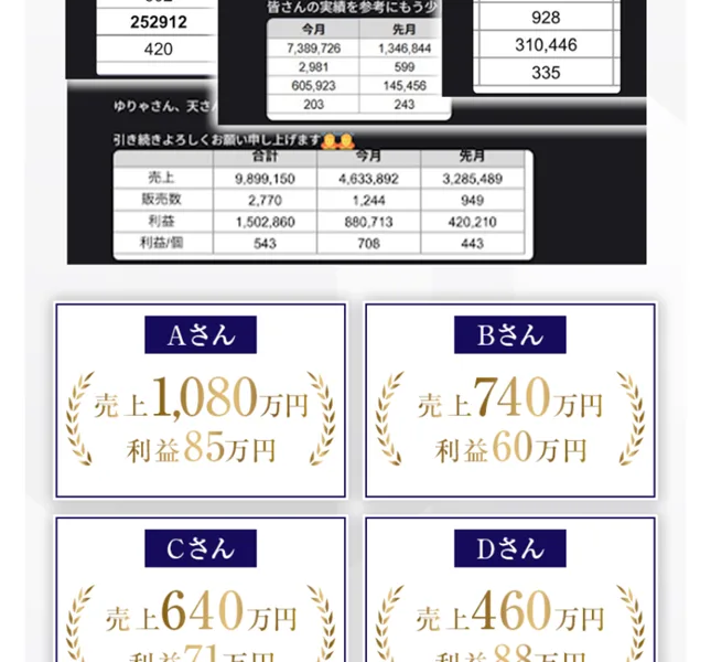 受講生の実績として売上1080万円、740万円などの数字を並べた広告画面