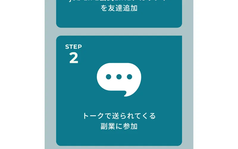 job LIFEの登録ステップ。STEP2「トークで送られてくる副業に参加」と書かれているが、具体的な作業内容の説明はない