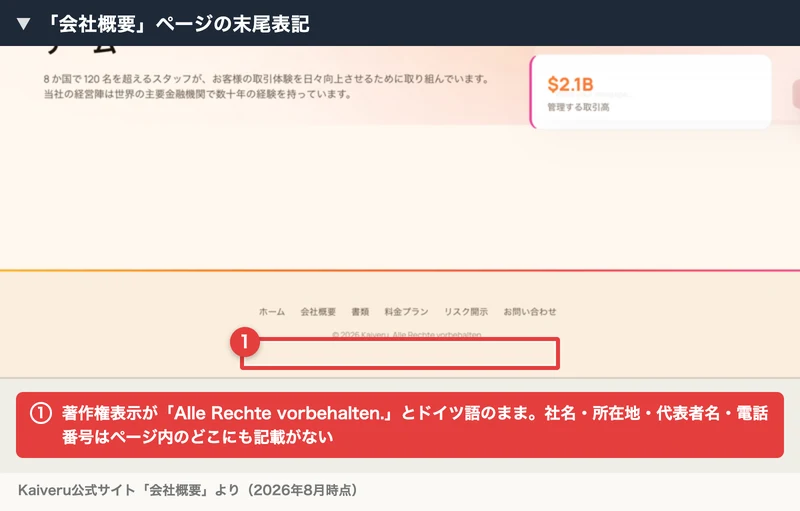 Kaiveru公式サイトの会社概要ページ。数字は並ぶが、著作権表示がドイツ語のまま残っている画面