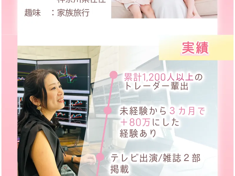 かずほ流FXの広告ページ。かずほのプロフィール。神奈川県在住、趣味は家族旅行。「累計1,200人以上のトレーダー輩出」「未経験から3カ月で+80万にした経験あり」「テレビ出演/雑誌2部掲載」と記載