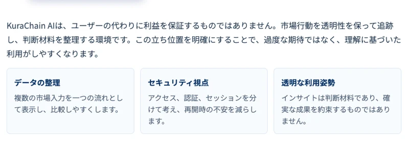 クラチェーンAIの公式サイト。「ユーザーの代わりに利益を保証するものではありません」「インサイトは判断材料であり、確実な成果を約束するものではありません」と、運営自身が利益を保証しないと明記している