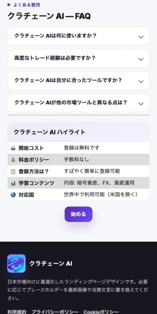 クラチェーンAIの申し込みページ最下部。「対応国:世界中で利用可能(米国を除く)」という表と、その下に「日本市場向けに最適化したランディングページデザインです。必要に応じてプレースホルダーを最終画像や法務文言に置き換えてください。」という制作用の注記が残っている