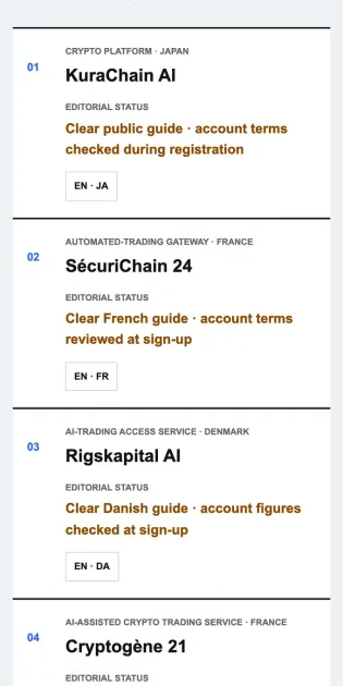 Verdict Chainの掲載レビュー一覧。KuraChain AIが日本、SécuriChain 24がフランス、Rigskapital AIがデンマーク、Cryptogène 21がフランス、Laurentis AIがカナダ、RapidoCripto 24がスペイン、RoccaNazionale IAがイタリアと、国ごとに1つずつのAI投資サービスが並んでいる