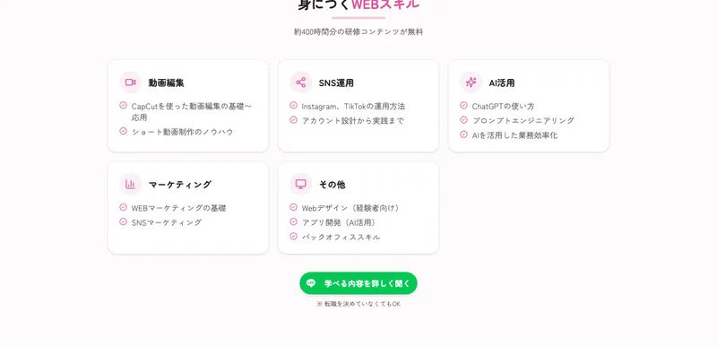 動画編集やSNS運用AI活用などのWEBスキルが無料で身につくと案内する株式会社ラフラインの広告