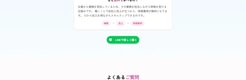 企業から業務を受託しその業務を担当しながら研修を受けるから無料になると説明する株式会社ラフラインの仕組み