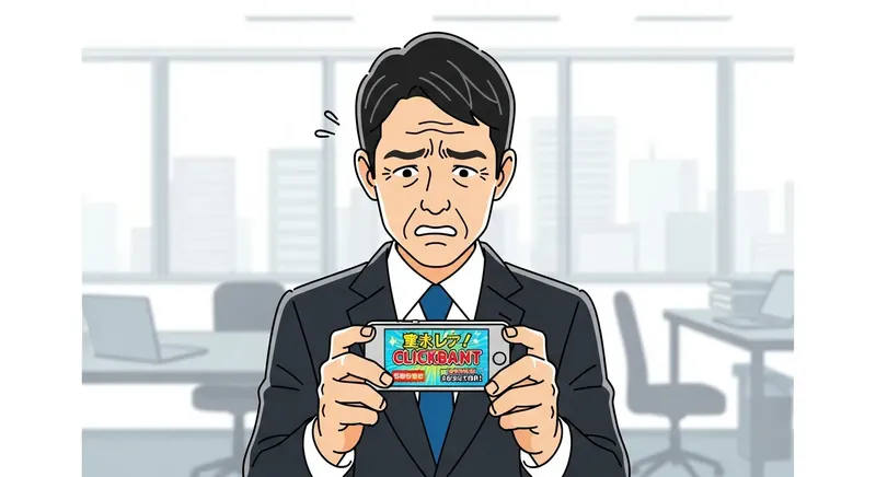 スマホで怪しい副業広告を見て不安そうな日本人男性のイラスト