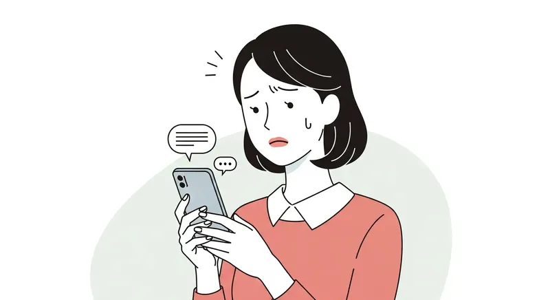 スマホでLINEの怪しいメッセージを確認している日本人女性のイラスト