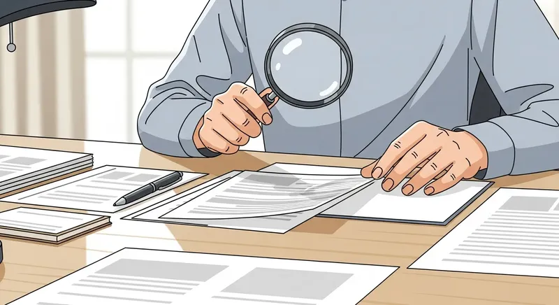 書類を虫眼鏡で調査している人のイラスト