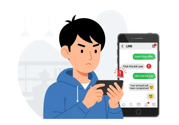 スマホで怪しいLINEメッセージを見ている人のイラスト