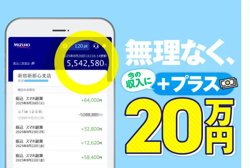 みらい診断の広告。みずほ銀行の口座残高5,542,580円とスマホ副業の振込履歴が並び、「無理なく今の収入に+プラス20万円」と書かれている