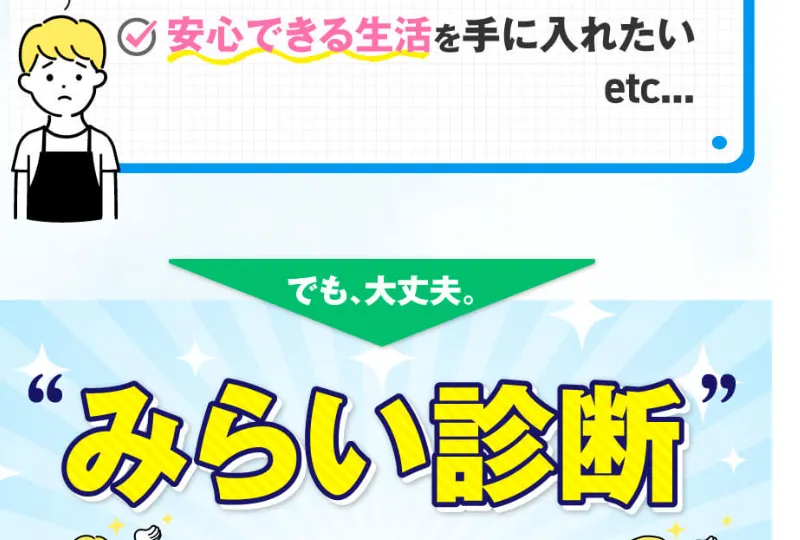 みらい診断の広告。「でも、大丈夫。みらい診断で解決できます」と大きく書かれている