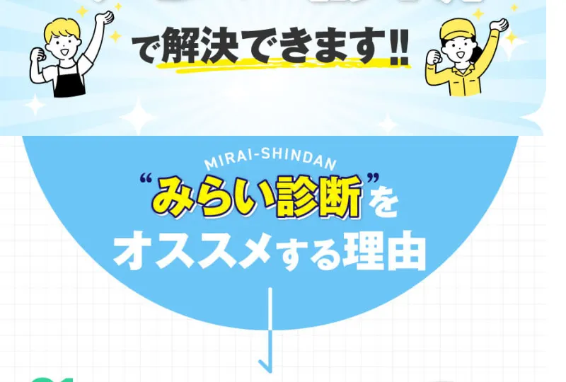 みらい診断の広告。「みらい診断をオススメする理由」として、副業初心者でもできる安定収入プランを提案する、と紹介されている
