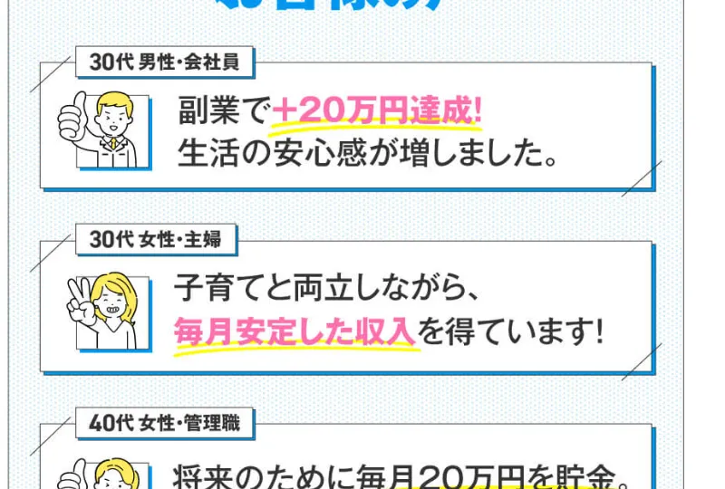 みらい診断の広告に掲載されたお客様の声。副業で+20万円達成、毎月安定した収入を得ています、などの体験談が並んでいる