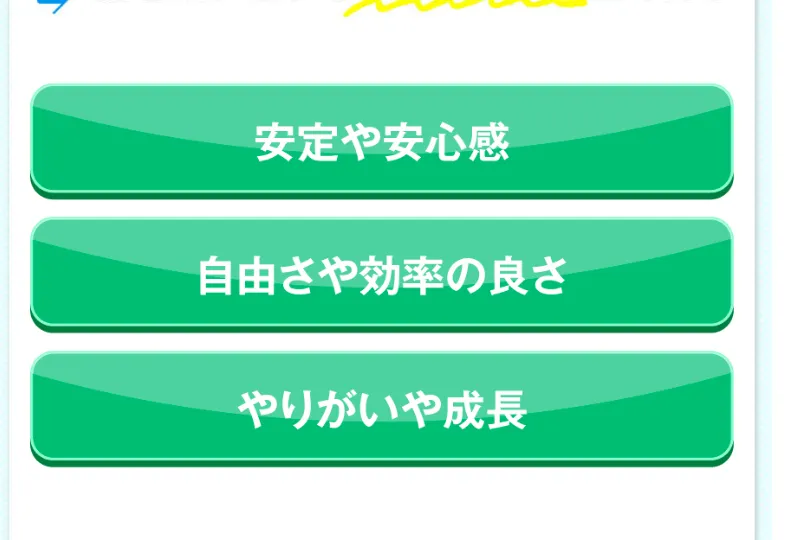 みらい診断の質問画面。「あなたにとって一番大事なのは?」として、安定や安心感、自由さや効率の良さ、などの選択肢が並んでいる