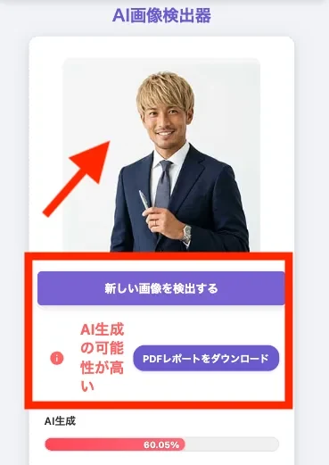 AI画像検出器の判定結果。FX_KENの顔写真がAI生成の可能性60.05%と表示されている