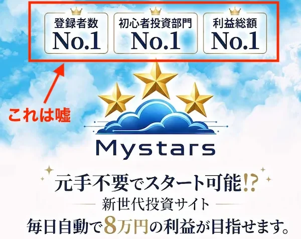 Mystarsの広告。登録者数No.1、初心者投資部門No.1、利益総額No.1と書かれている