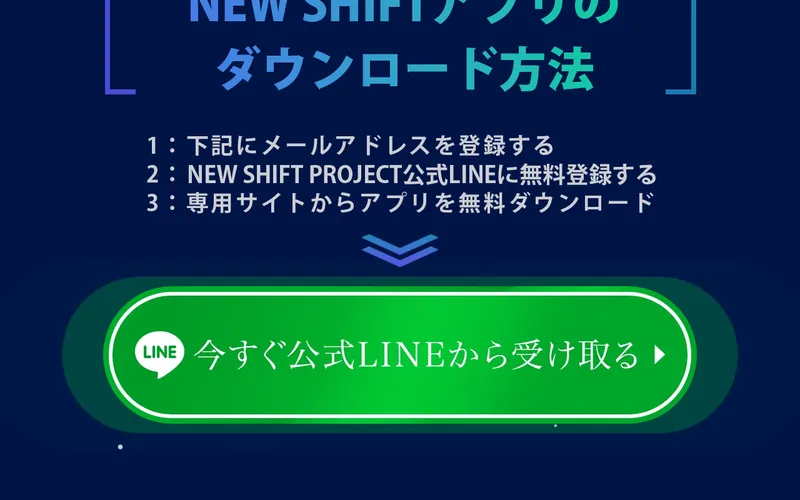 NEW SHIFTの広告でLINE登録の手順が「メールアドレス登録→LINE登録→アプリダウンロード」と説明されている