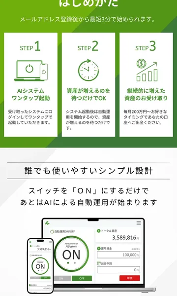 Next Generation Systemの広告でAIシステムの操作画面が表示されている。トータル資産3,589,816円、自動運用ON/OFFスイッチが見える
